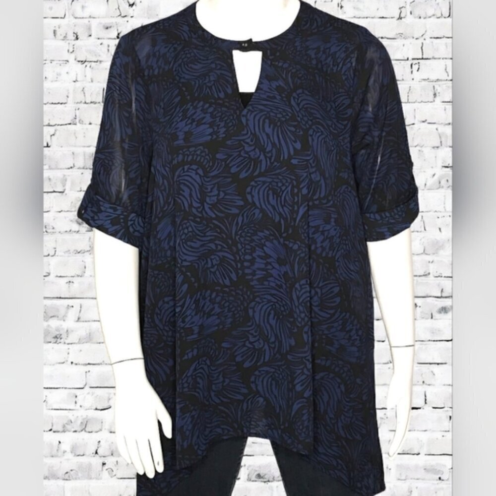 Torrid Asymmetrical Black with Blue Floral Print, Sheer Top